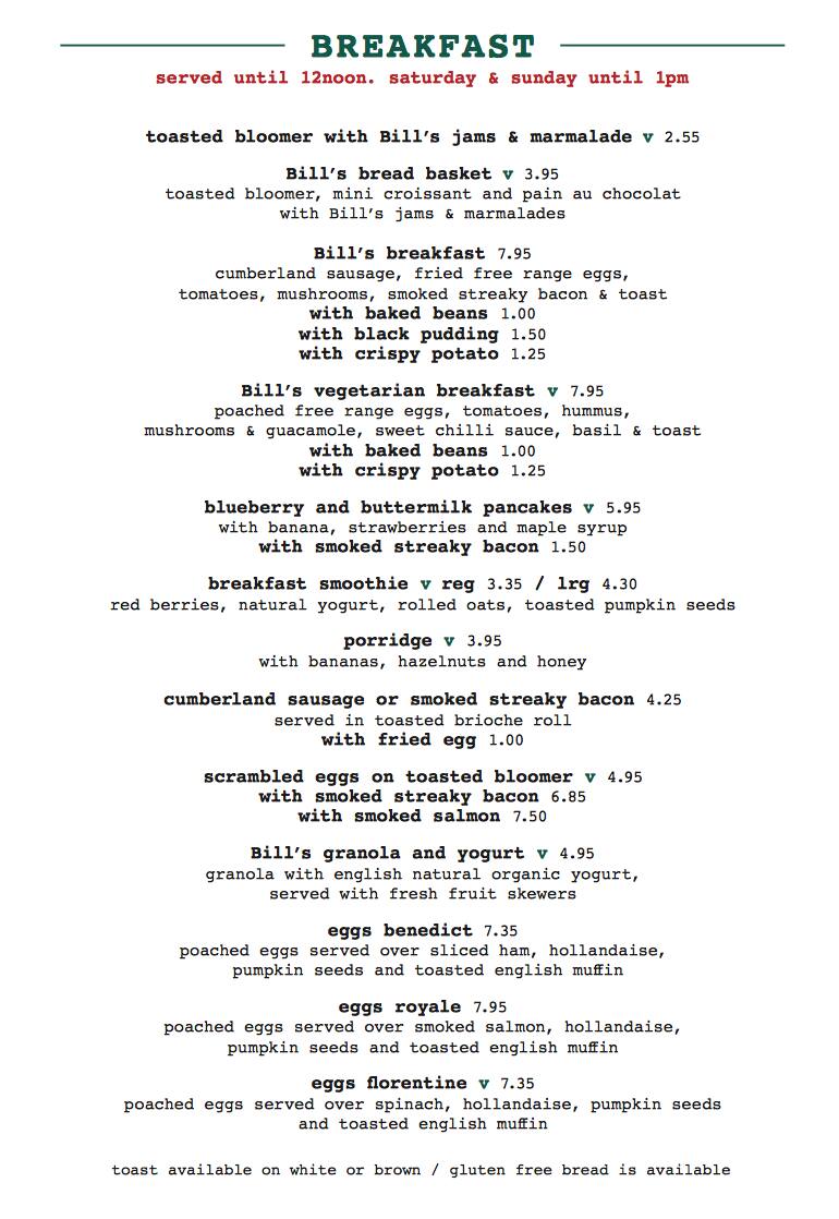 Menu at Bill's fast food, Cardiff, 27-39 Wyndham Arcade Mill Lane