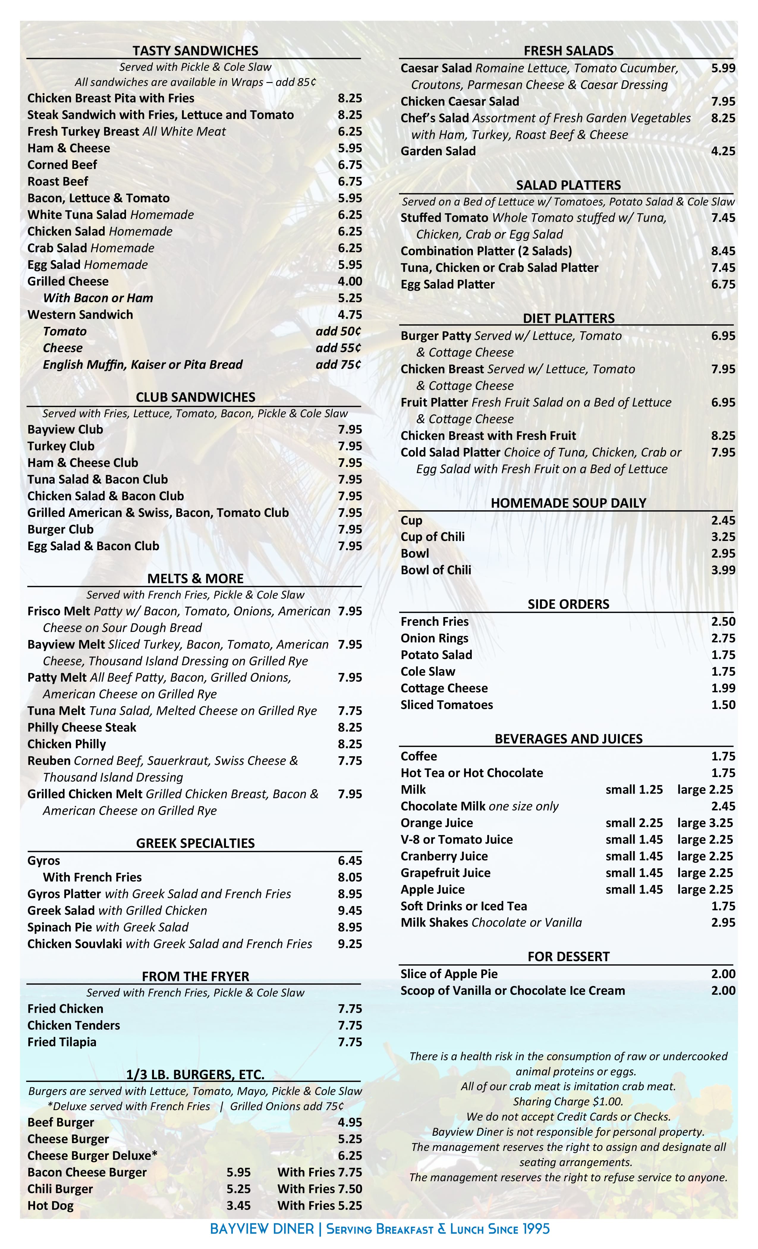 Menu at Bayview Diner cafe, Fort Lauderdale