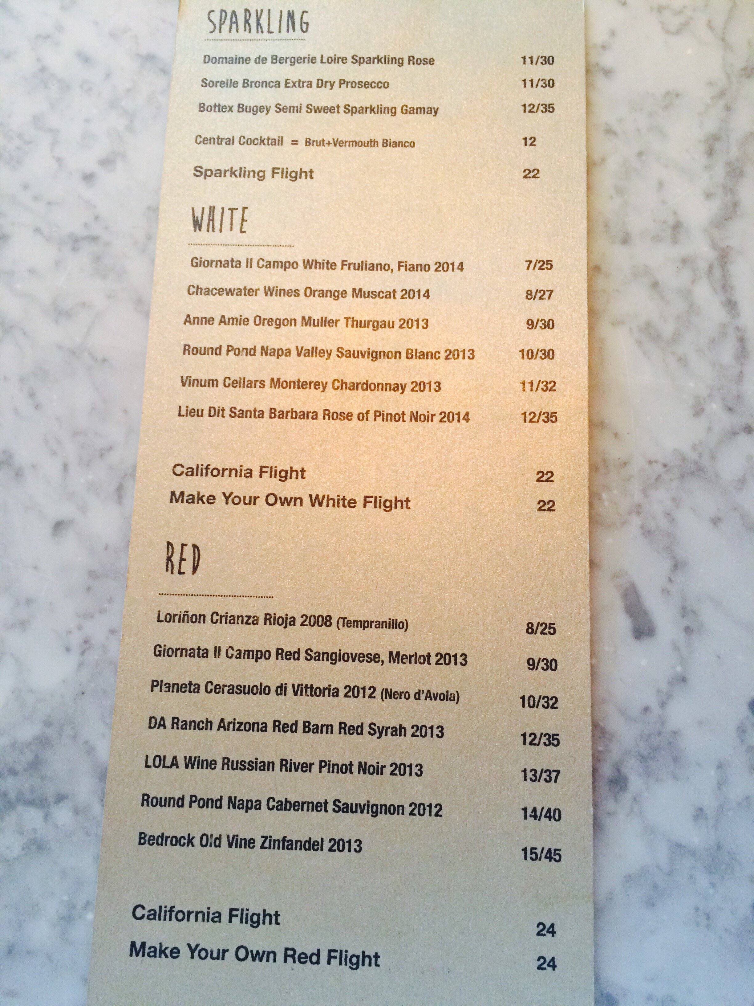 Central Wine Bar Menu, Menu for Central Wine Bar, Midtown, Phoenix