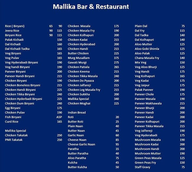 Mallika Restaurant & Bar menu