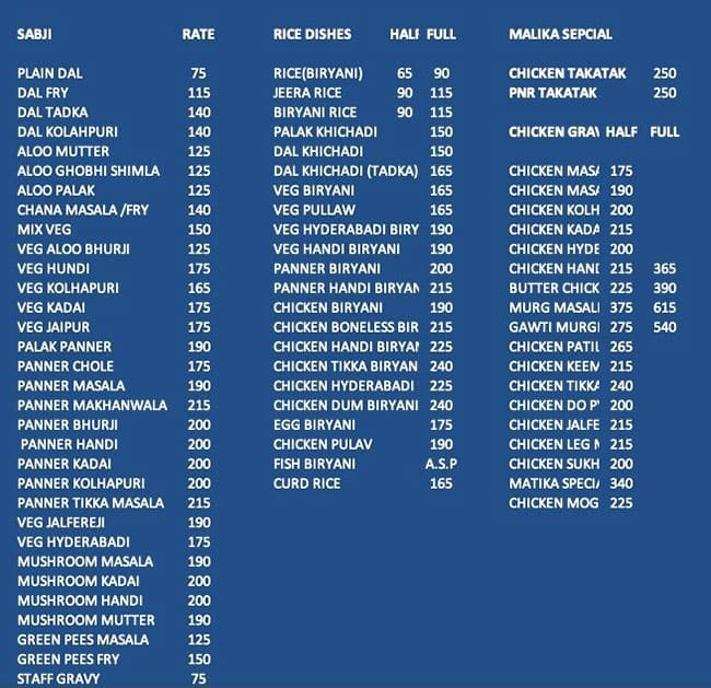 Mallika Restaurant & Bar menu