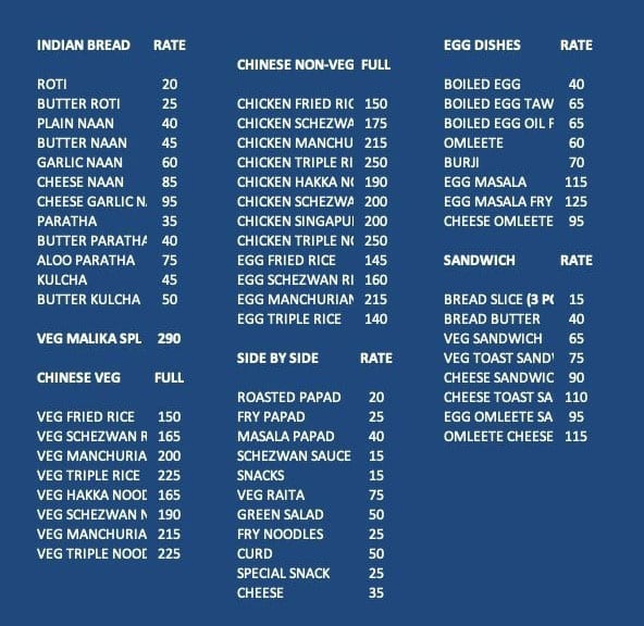 Mallika Restaurant & Bar menu