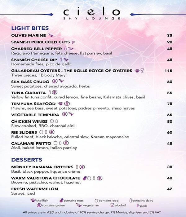 Cielo Sky Lounge Menu Menu For Cielo Sky Lounge Al Garhoud Dubai