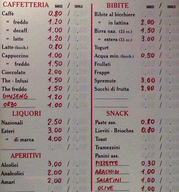 Menu di Bar Rosi Pigneto 