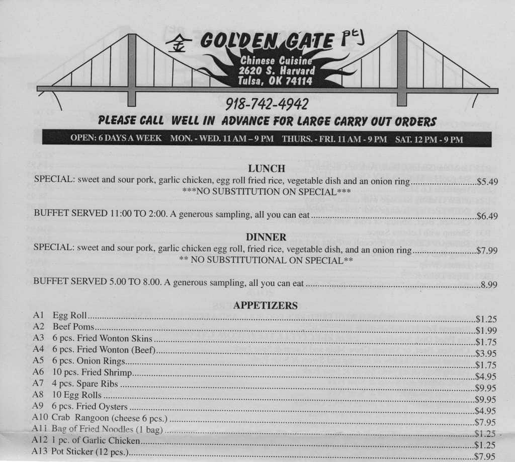 Menu at Golden Gate restaurant, Tulsa