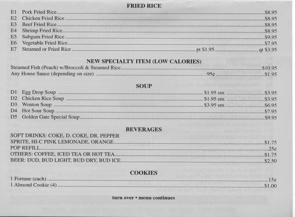 Menu at Golden Gate restaurant, Tulsa