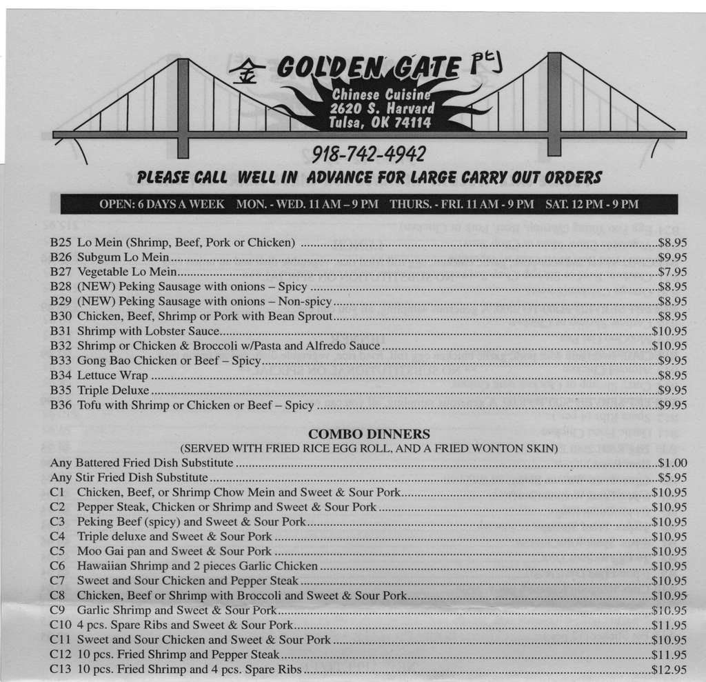 Menu at Golden Gate restaurant, Tulsa
