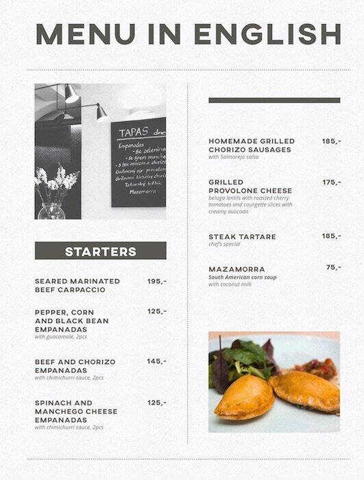 Menu at BEEF BAR, Prague