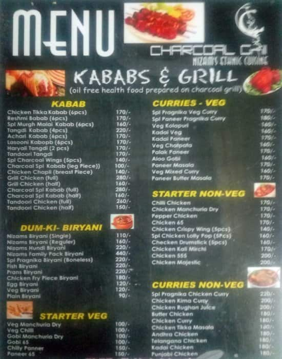 Charcoal Grill Menu, Menu for Charcoal Grill, Kukatpally, Hyderabad