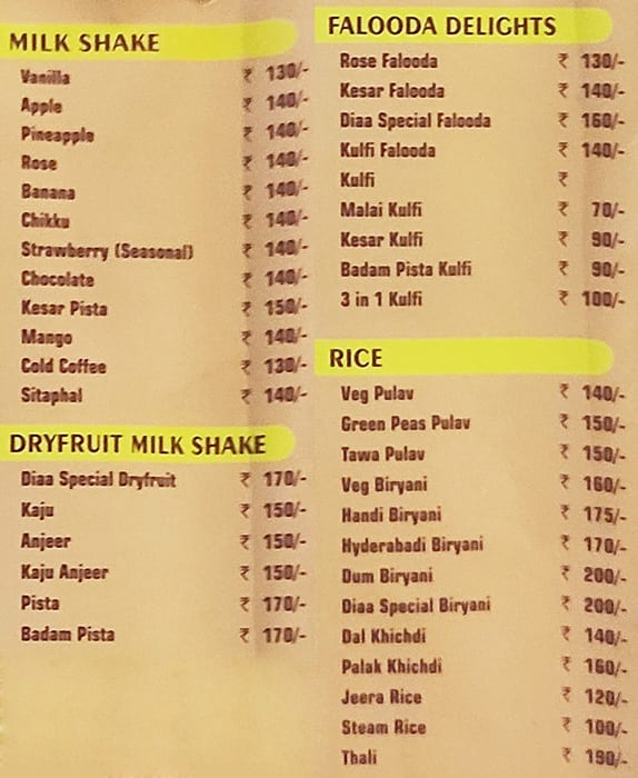 Diaa Pure Veg Restaurant menu