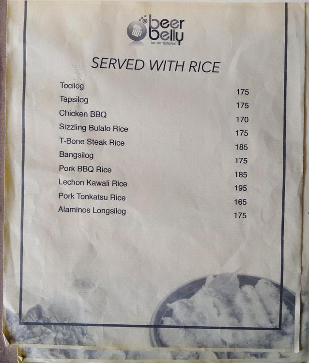 Menu at Beer Belly Bar and Restaurant, Mandaluyong