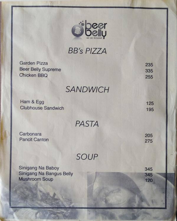 Menu at Beer Belly Bar and Restaurant, Mandaluyong
