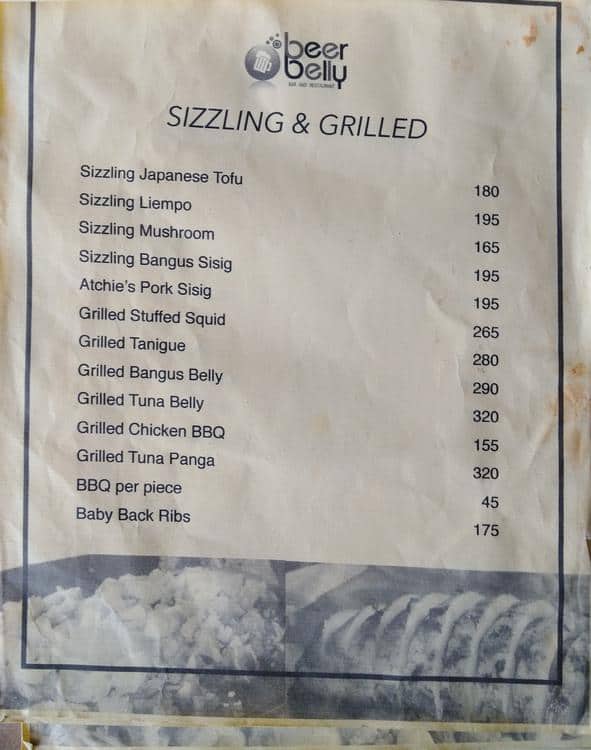 Menu at Beer Belly Bar and Restaurant, Mandaluyong