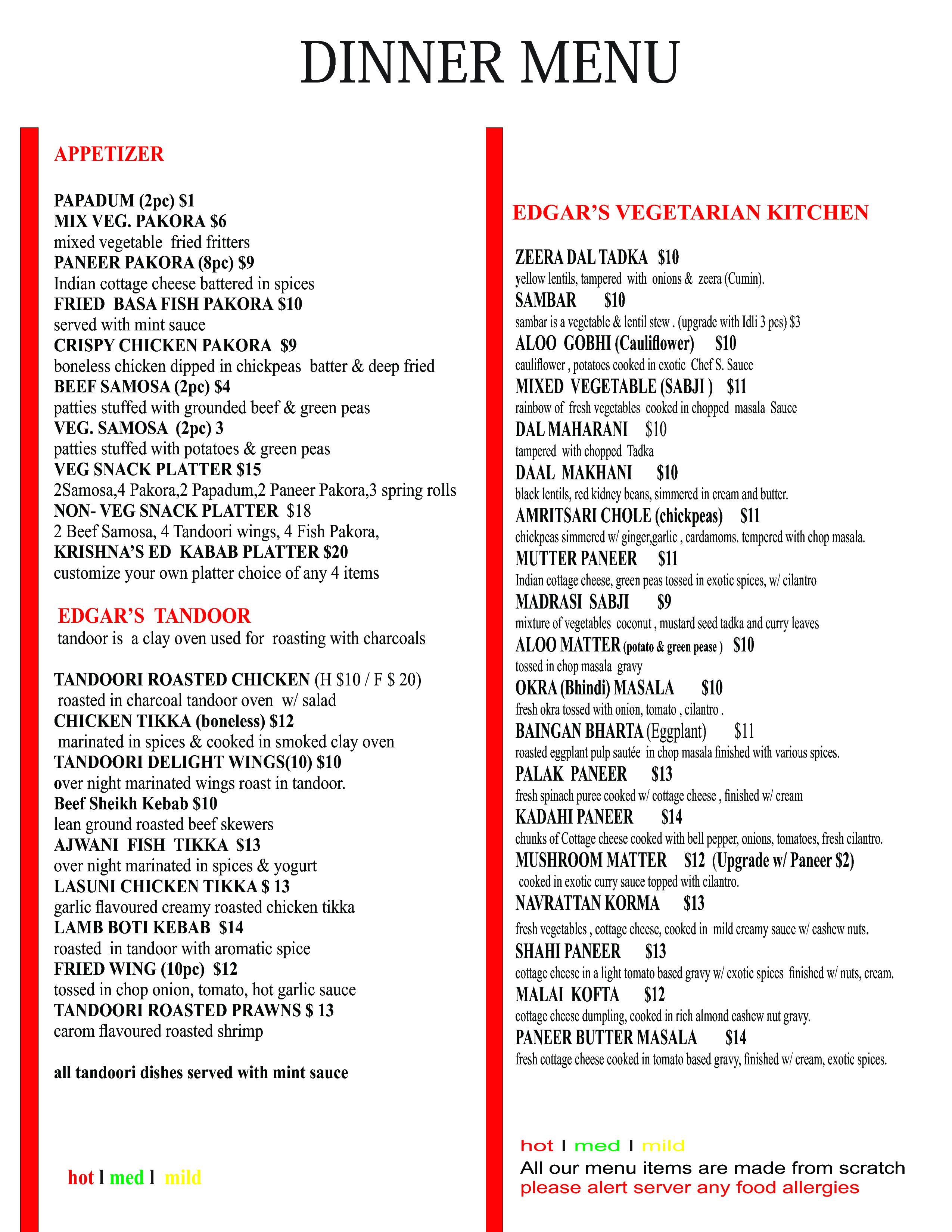 Edgar Restaurant Menu, Menu for Edgar Restaurant, Red Deer, Red Deer