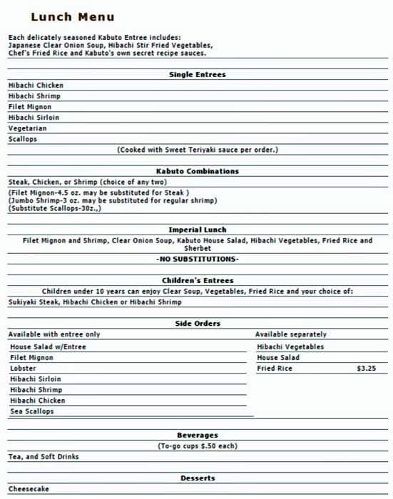 Menu At Kabuto Restaurant Charlotte E W T Harris Blvd
