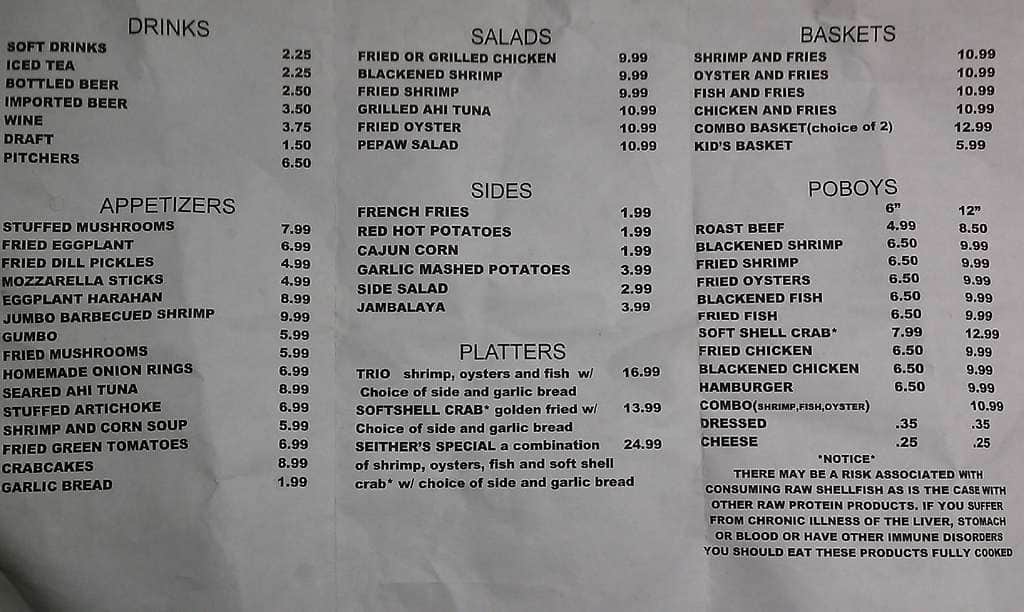 Menu at Seithers Seafood restaurant, Harahan