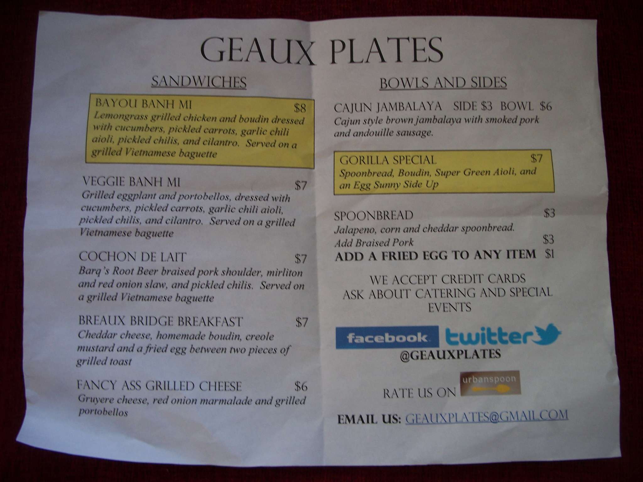 Geaux Plates Menu, Menu v reštaurácii Geaux Plates, Audubon, New