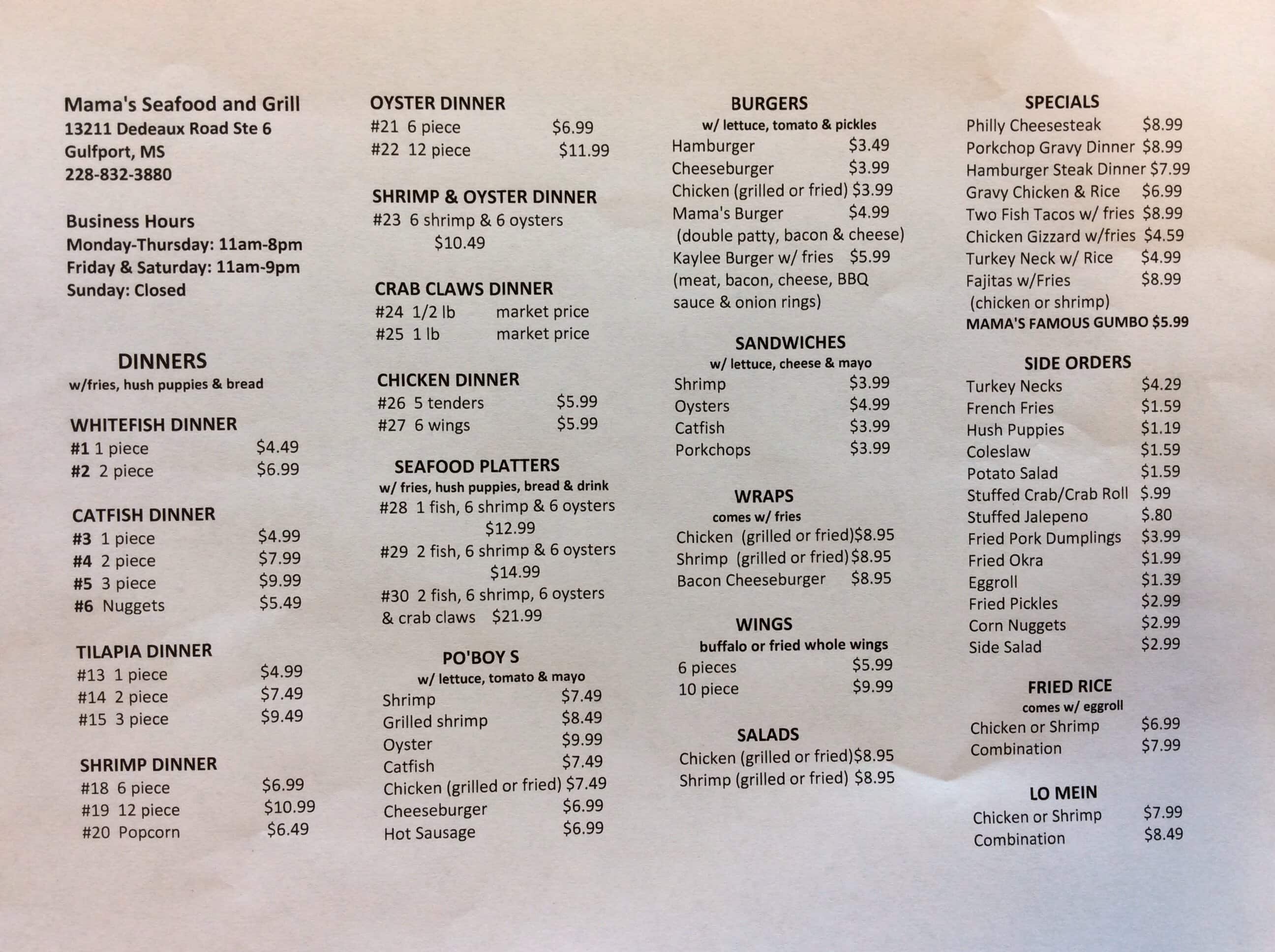 Menu at mama s seafood grill restaurant gulfport