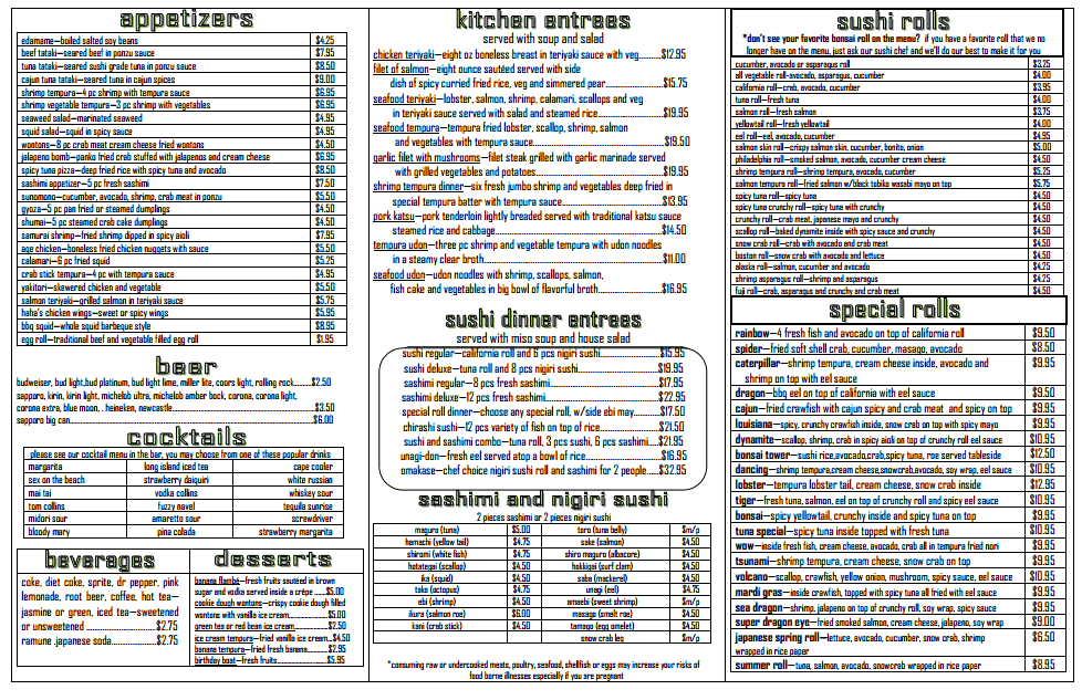 Menu at Bonsai Japanese Steak House restaurant, Jackson