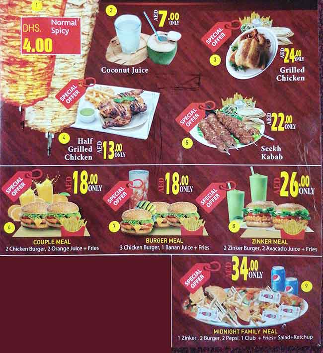 Menu at Midnight Cafeteria, Abu Dhabi