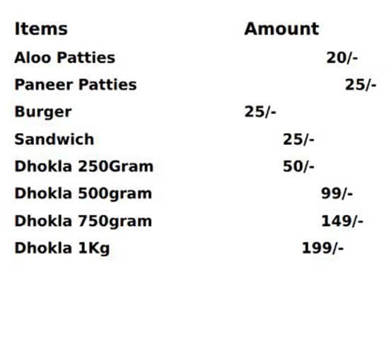 Shiv Shakti Bakery menu