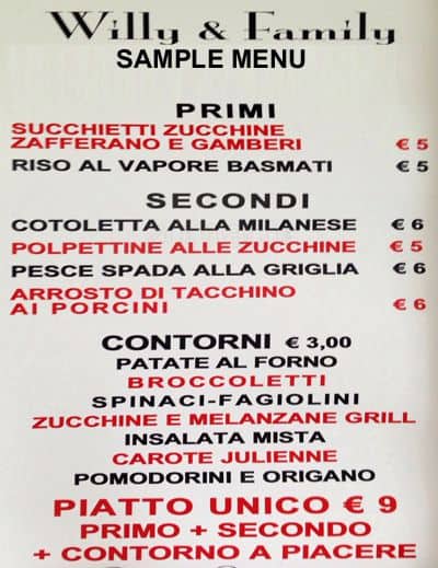 Menu di Willy's bar 