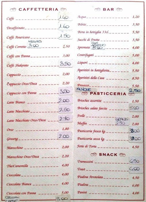 Menu di Bar Pasticceria Scaringi 