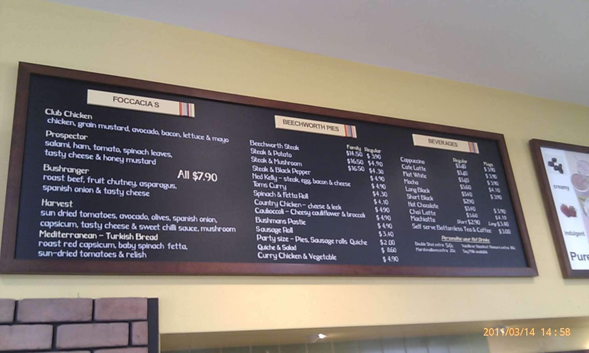 Menu at Beechworth Bakery, Ballarat Central