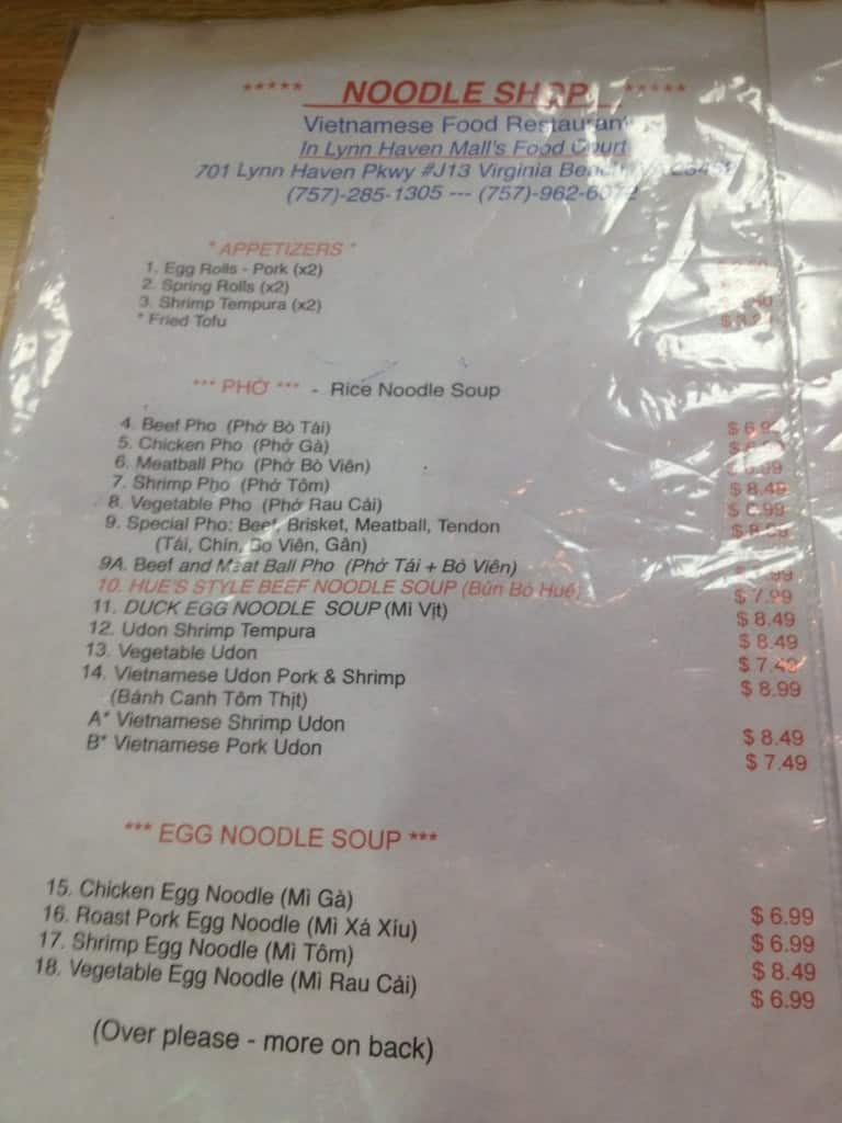 Menu at Noodle Shop restaurant, Virginia Beach