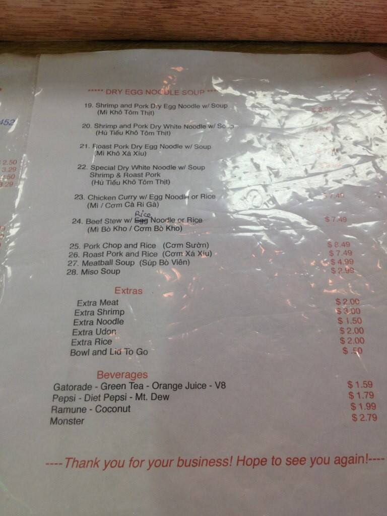 Menu at Noodle Shop restaurant, Virginia Beach