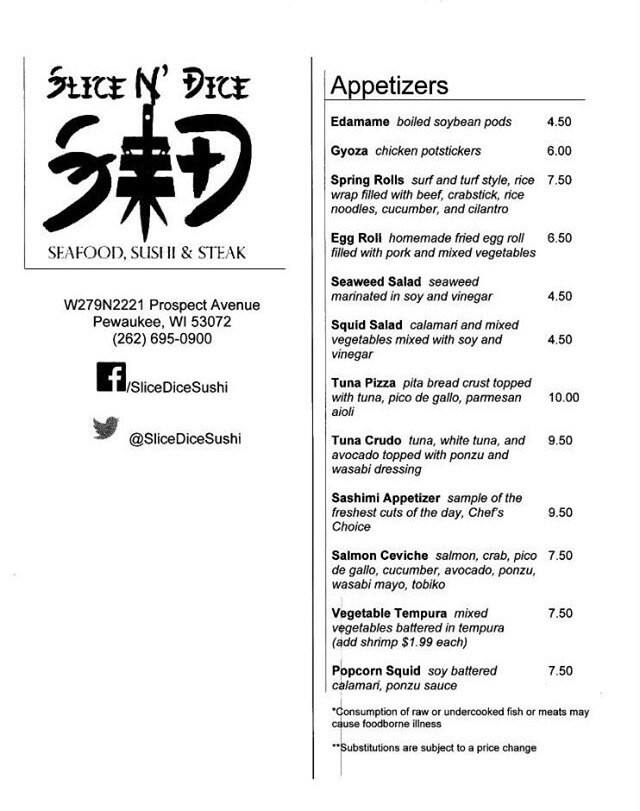 Slice N' Dice Menu, Menu for Slice N' Dice, Pewaukee, Milwaukee