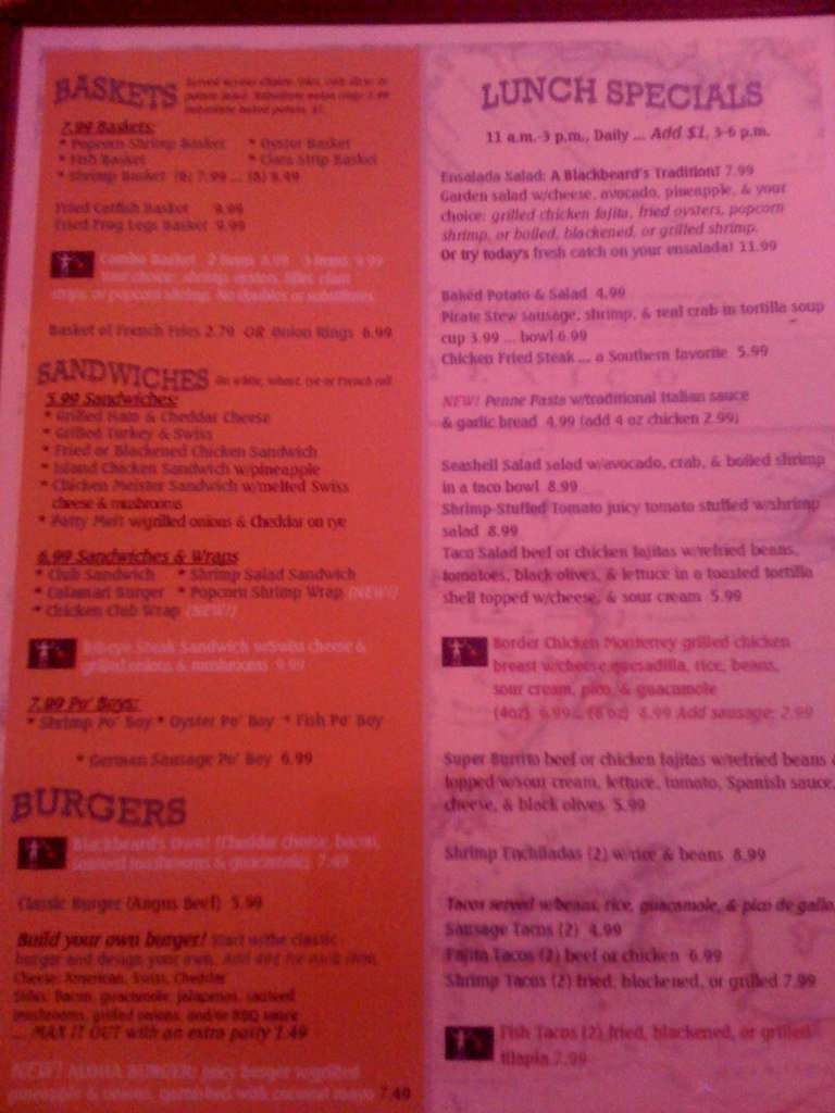 Menu at Blackbeard's restaurant, Corpus Christi, Surfside Blvd