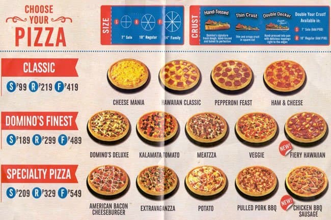 domino pizza menu