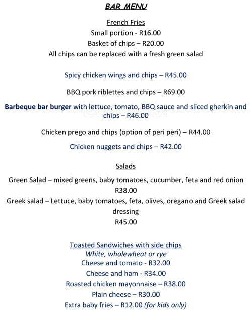 Menu at Rustic Cafe, Randburg, Old Parks Sports Club