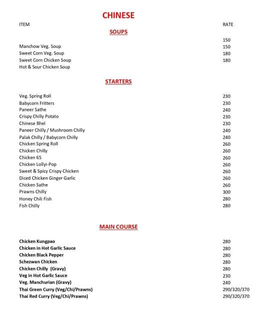 Chillies Restaurant & Cafe menu