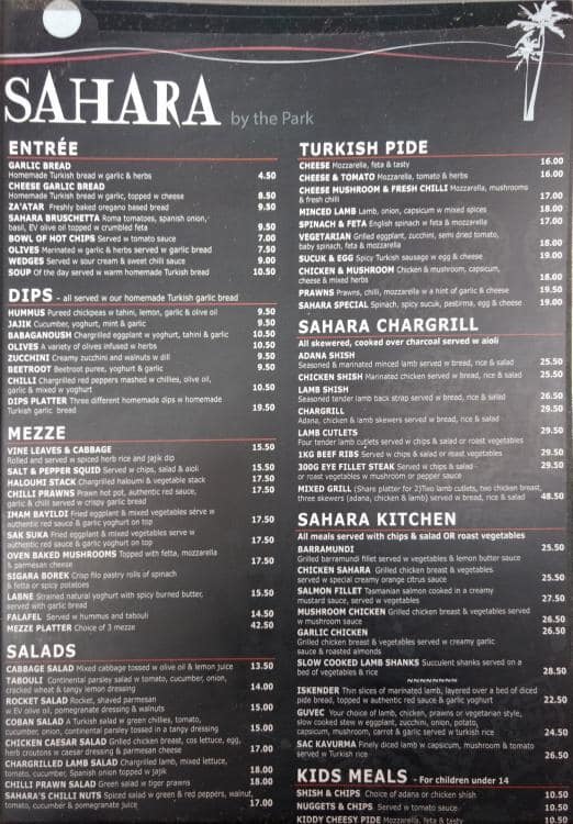 Sahara By The Park Menu, Menu for Sahara By The Park, Burwood, Sydney Urbanspoon/Zomato Sahara By The Park Menu, Menu for Sahara By The Park, Burwood, Sydney Urbanspoon/Zomato