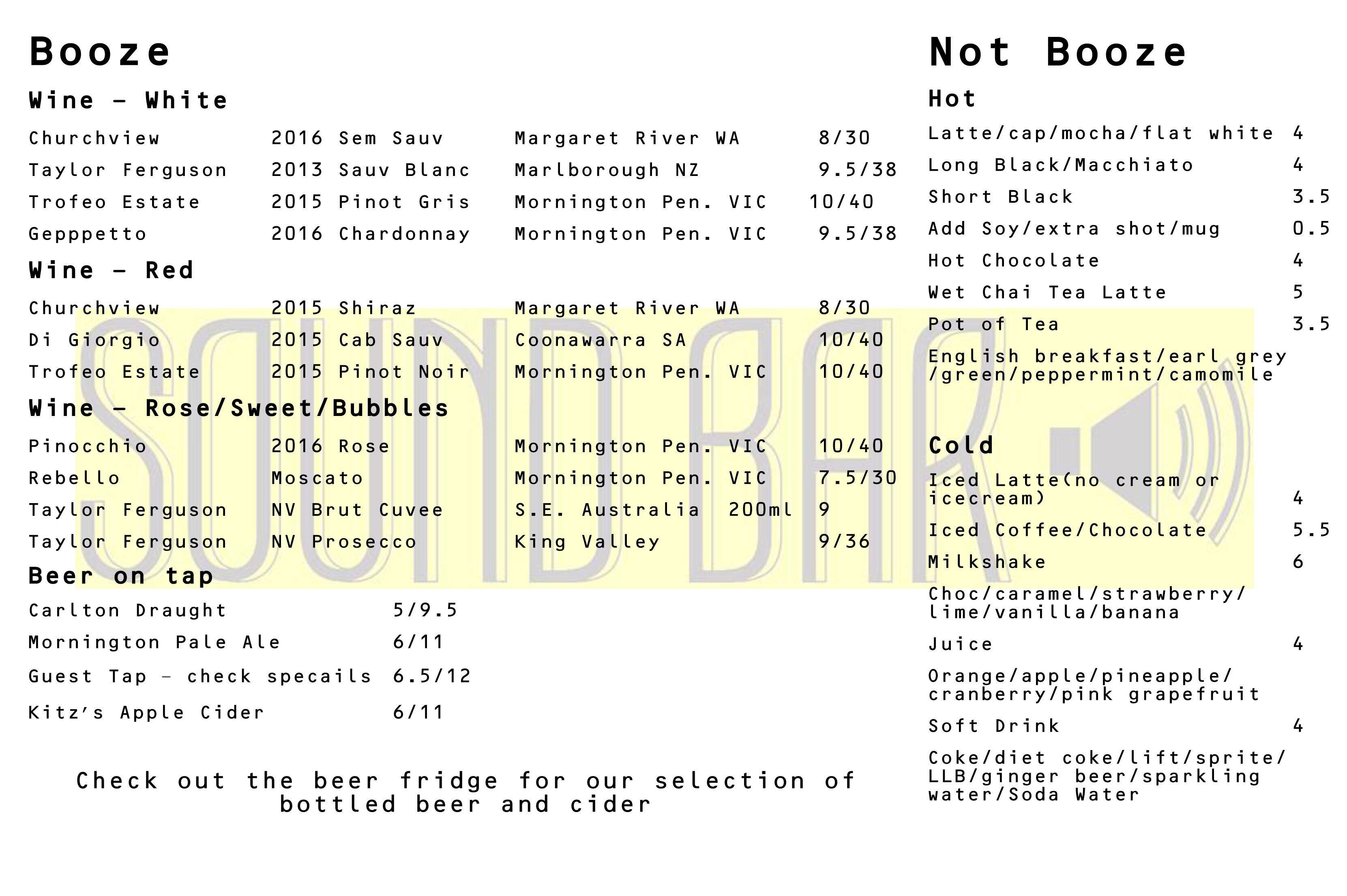 Menu at Sound Bar, Capel Sound