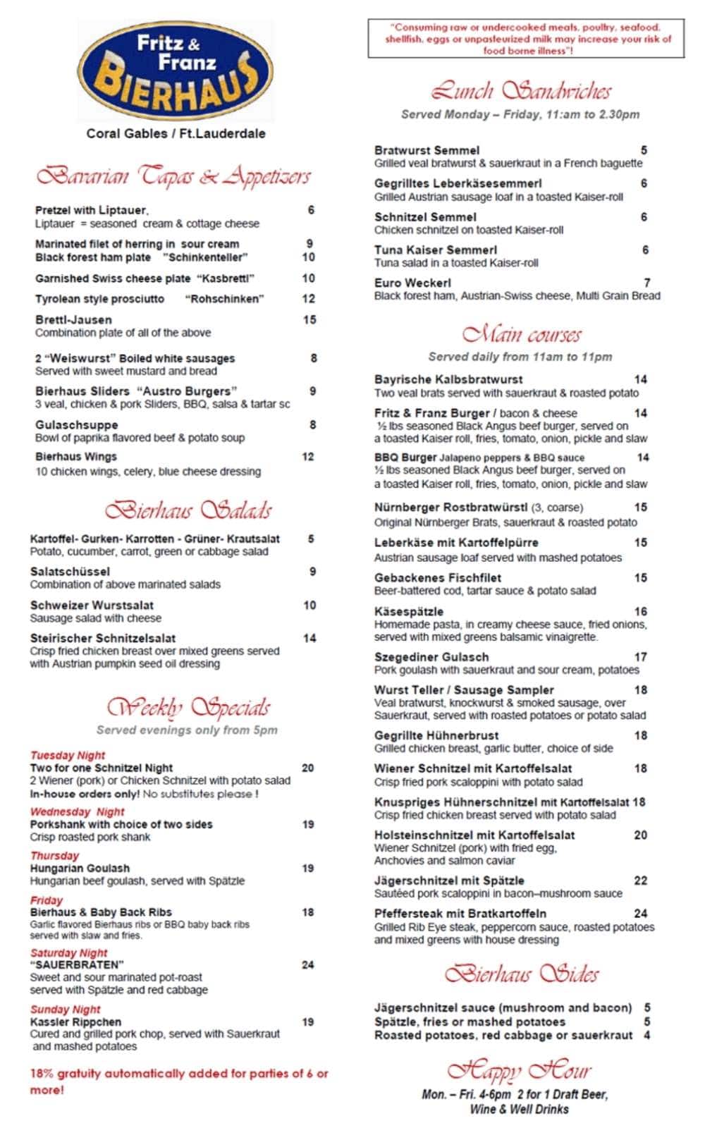 Fritz & Franz Bierhaus Menu Urbanspoon/Zomato