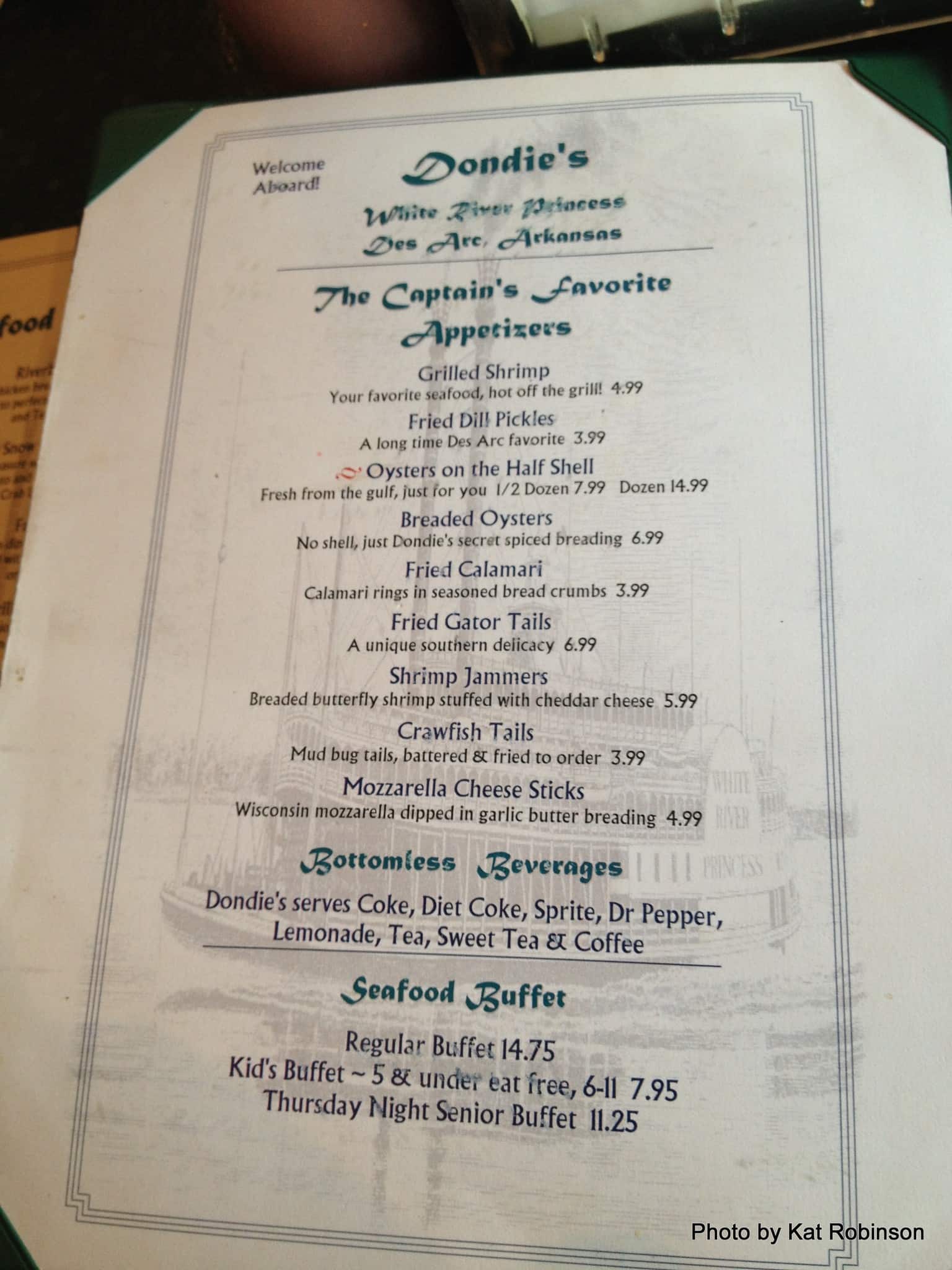 Menu at Dondie's White River Princess restaurant, Des Arc