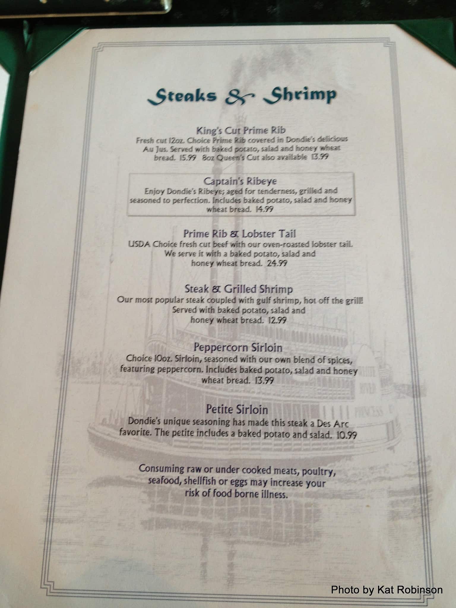 Menu at Dondie's White River Princess restaurant, Des Arc