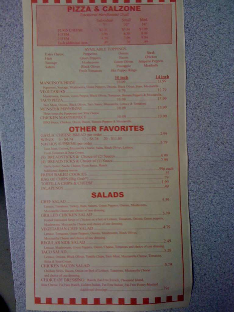 Mancino's Pizza & Grinders Menu Urbanspoon/Zomato