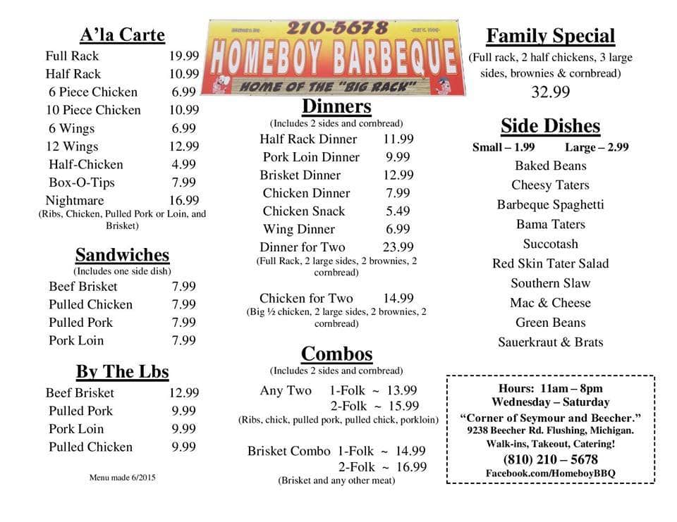 Homeboy Barbeque Menu Menu For Homeboy Barbeque Flushing Flint