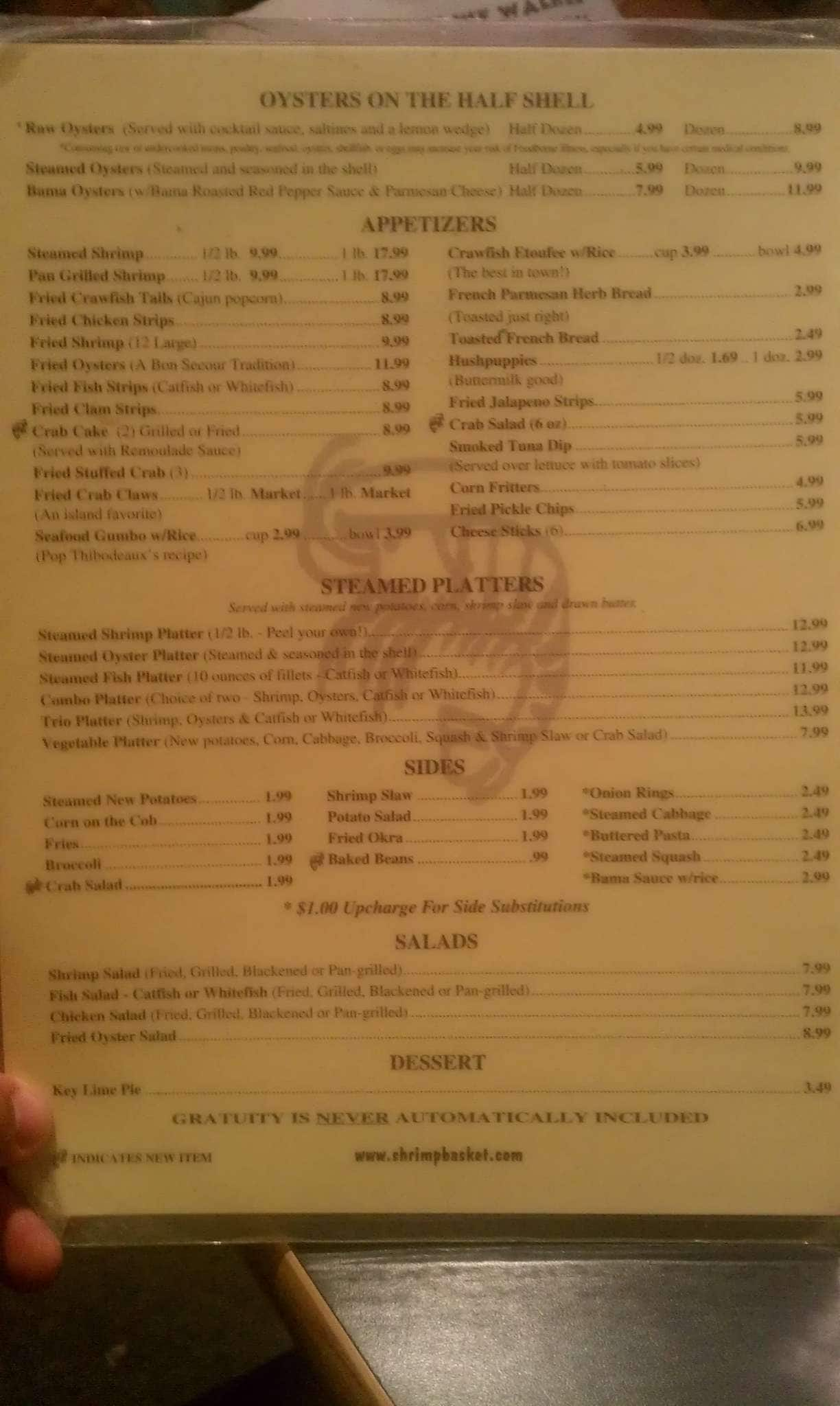 Shrimp Basket Menu, Menu for Shrimp Basket, Orange Beach, Mobile Bay