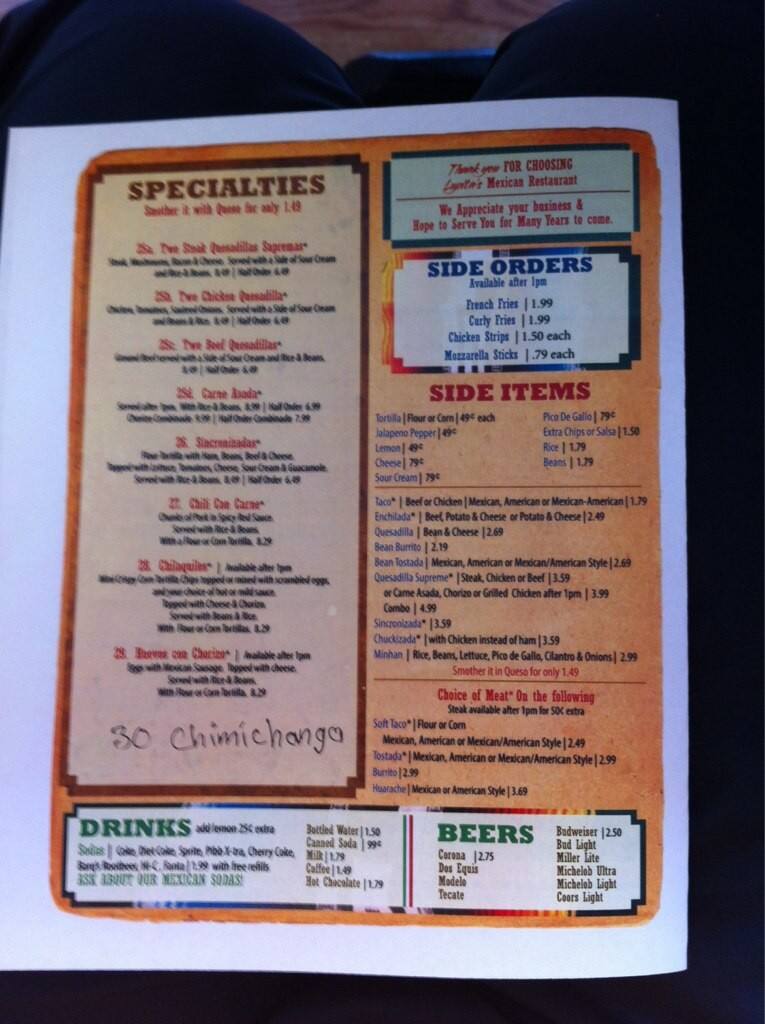 Menu at Lupita's restaurant, Topeka