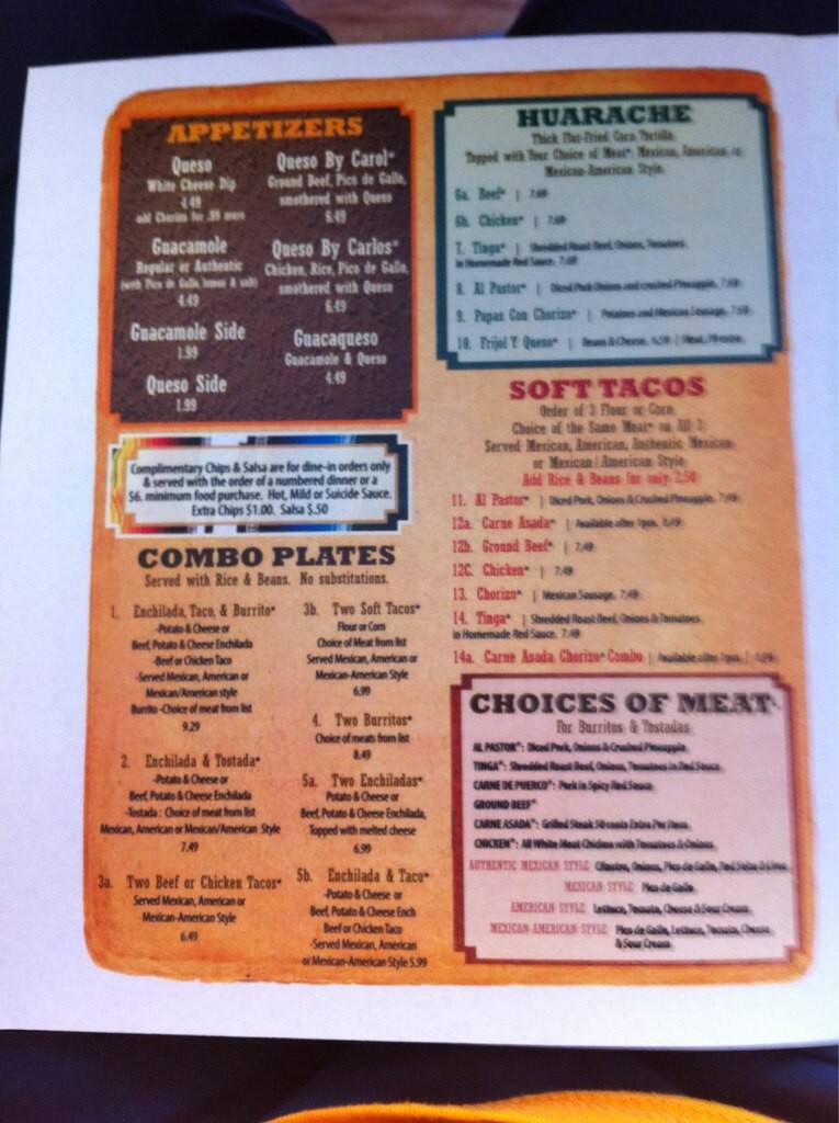 Menu at Lupita's restaurant, Topeka