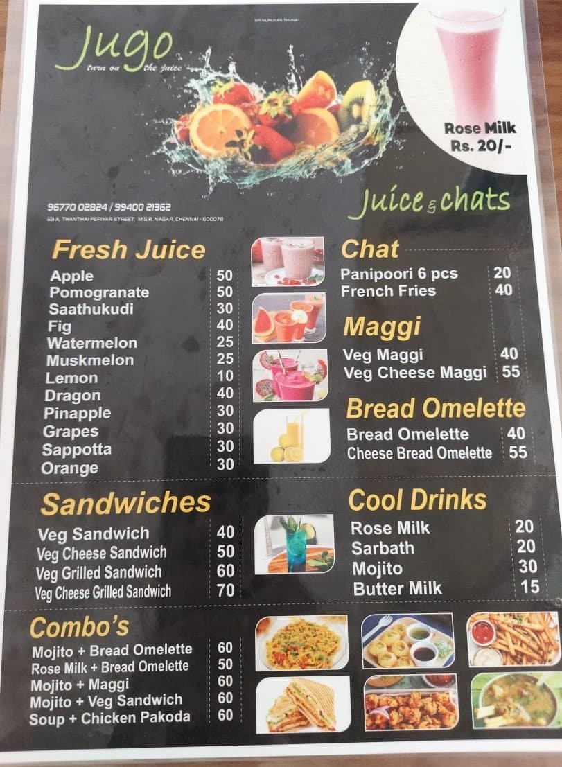 Menu of Jugo Juice & Chats, K.K. Nagar, Chennai