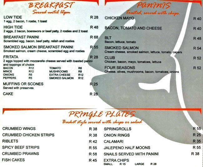 Menu at The Anchor restaurant, Pringle Bay