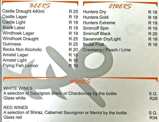 Menu at The Anchor restaurant, Pringle Bay