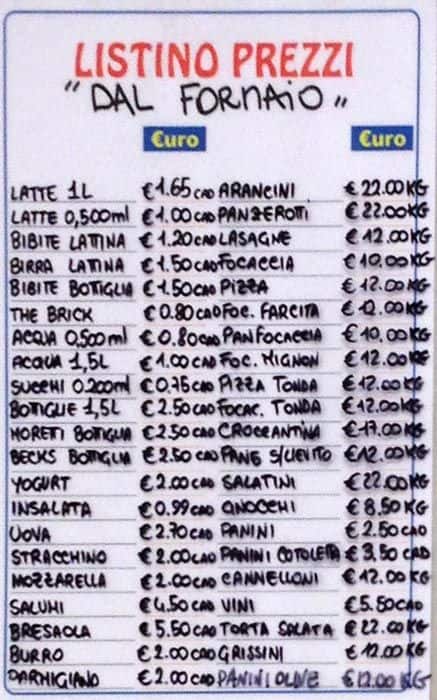 Menu di Fugazzola 
