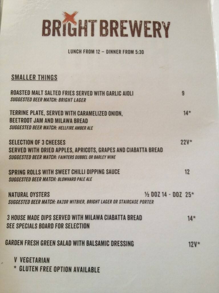 Bright Brewery Menu, Menu for Bright Brewery, Bright, Bright
